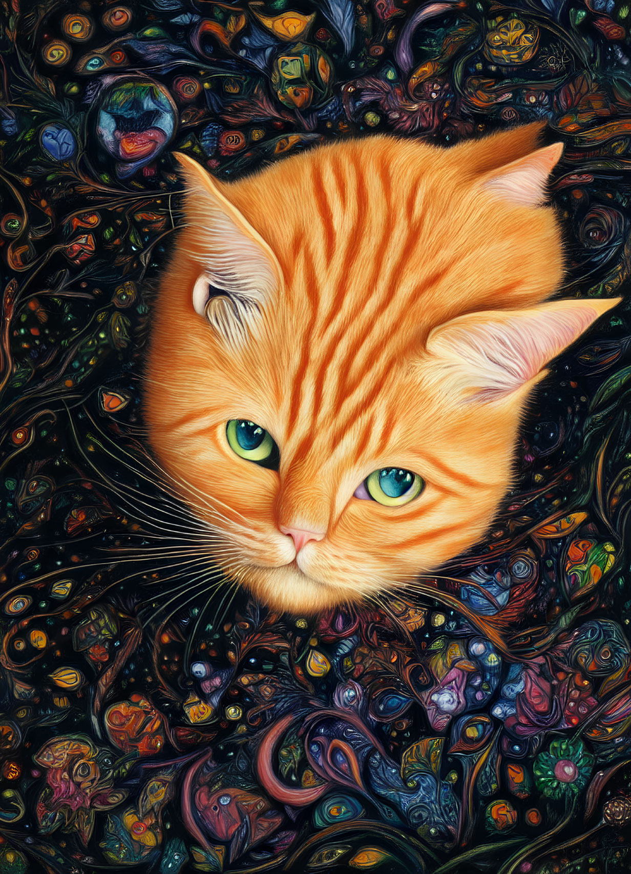 Orange Tabby Cat with Green Eyes in Van Gogh-Inspired Background