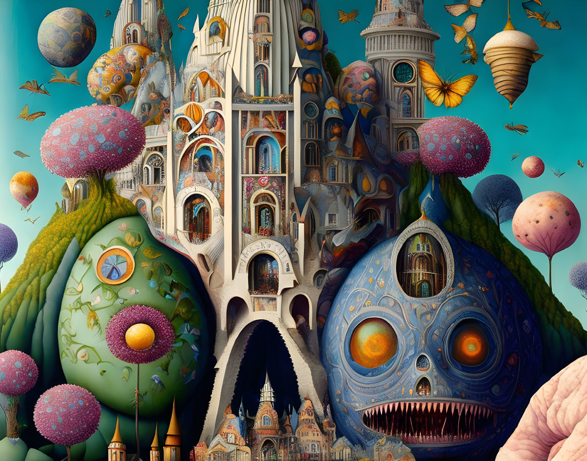 Fantastical landscape with whimsical buildings and flying islands