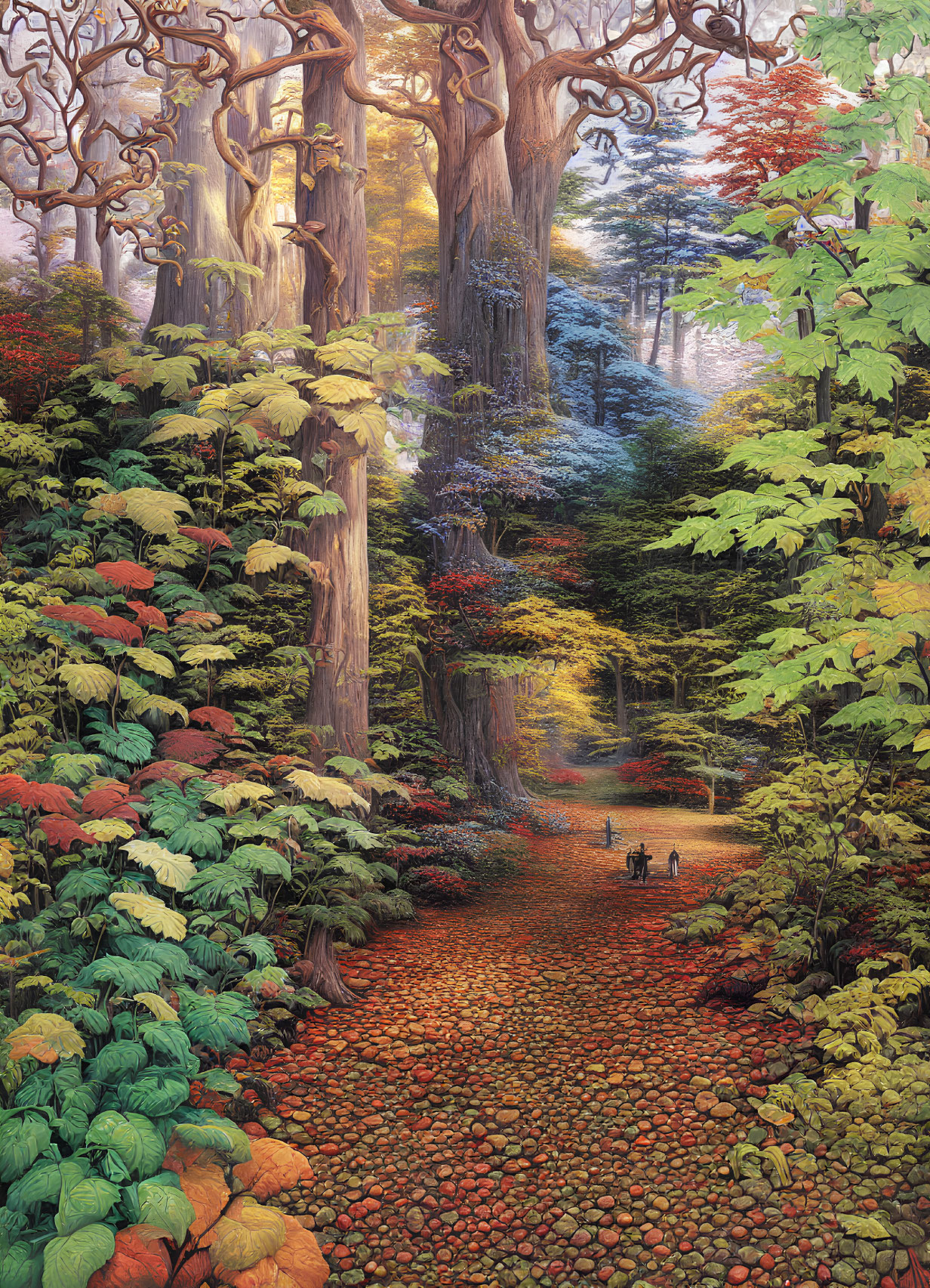 Colorful Autumn Forest Scene with Fallen Leaves and Figures