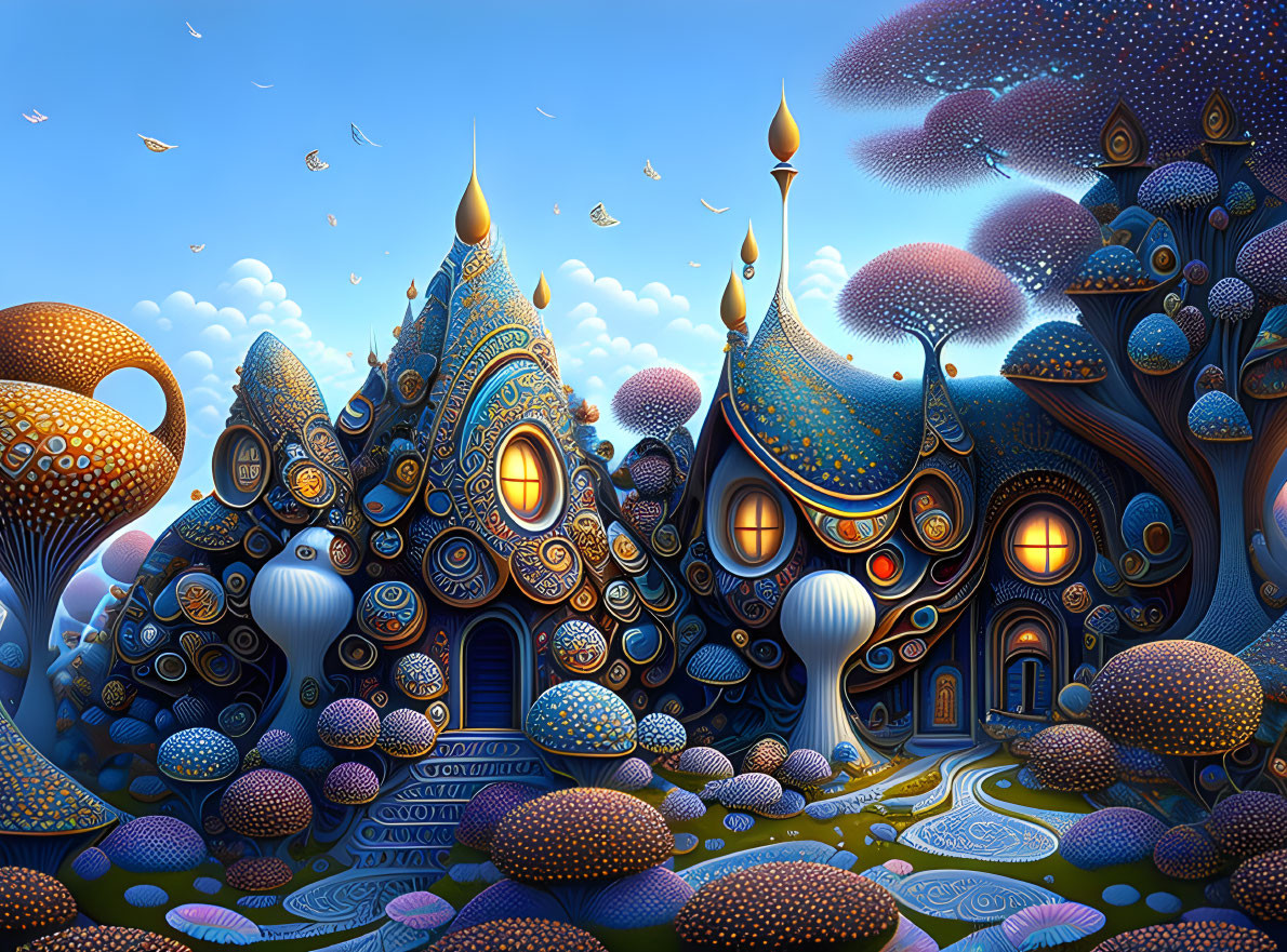 Fantasy landscape with onion-domed structures and mushroom-like flora under a bird-filled sky