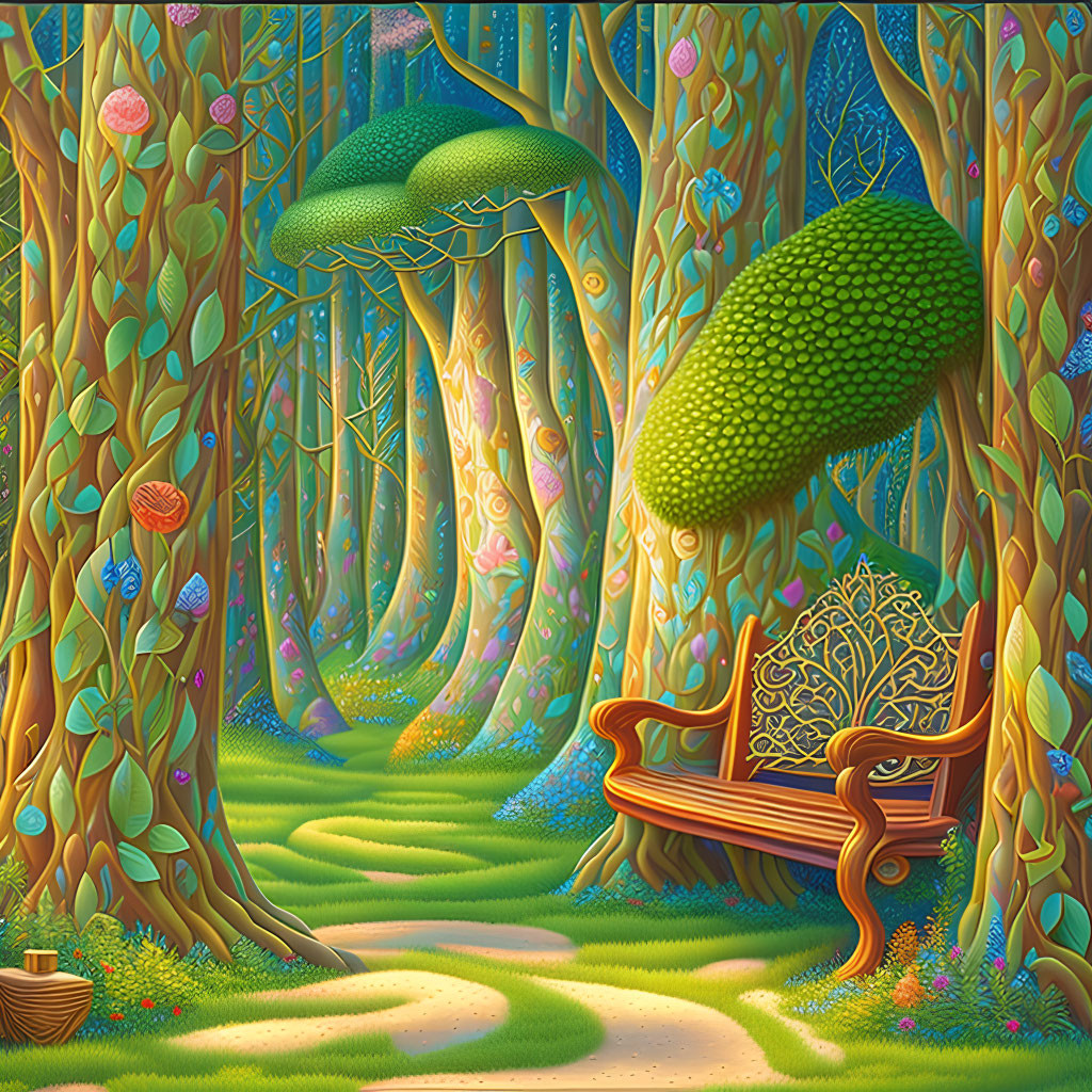 Colorful Forest Scene with Oversized Mushrooms, Winding Path, and Wooden Bench