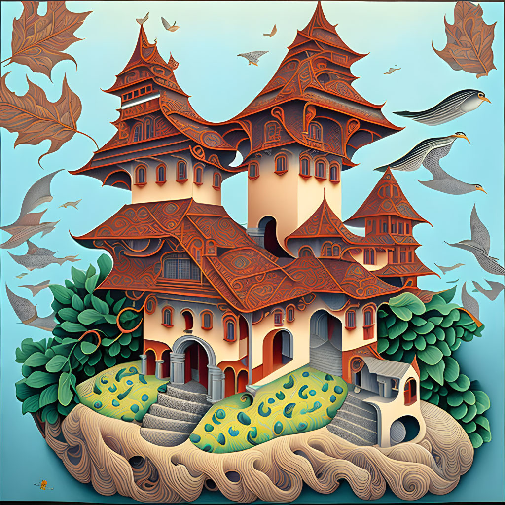 Whimsical castle illustration with ornate roofs and stylized nature scenery