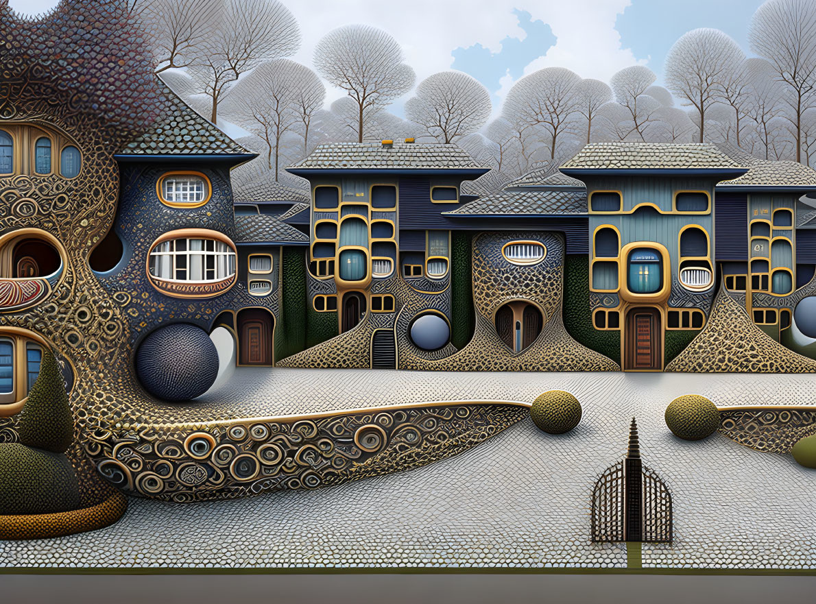 Whimsical surreal architecture with circular doors and windows in a fantasy landscape