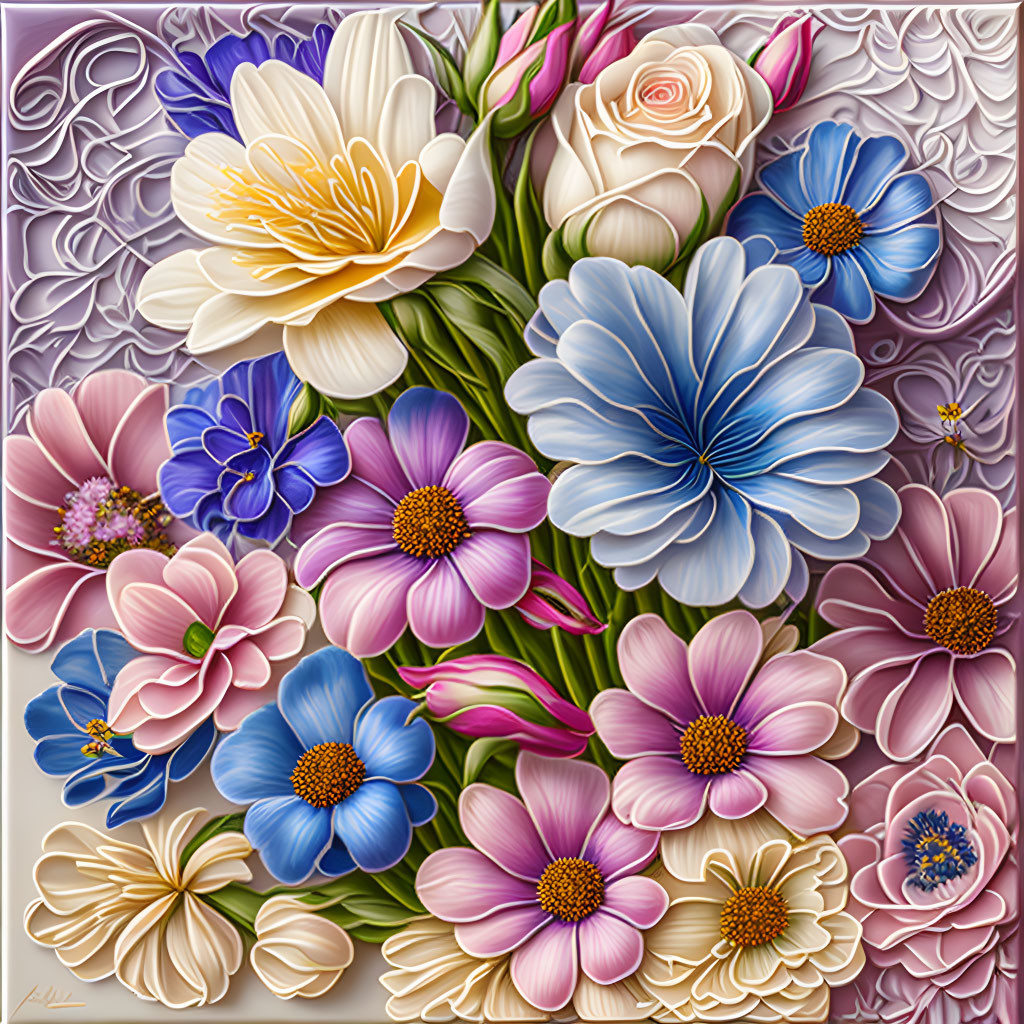 Colorful Stylized Flowers in Blue, Pink, Yellow, and White on Textured Background