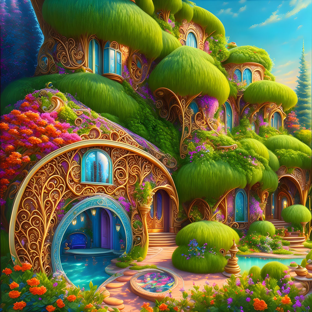 Fantasy artwork of whimsical treehouse with golden doors, lush greenery, flowers, serene pond