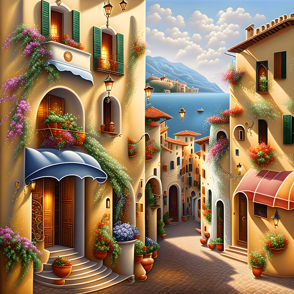 Vibrant illustration of Mediterranean village with cobblestone streets