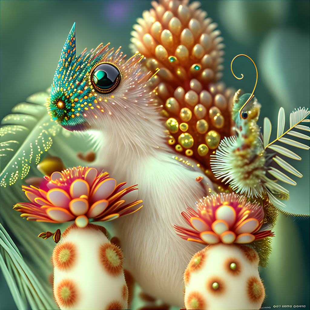 Colorful Fantastical Creature with Spiky Crown and Blue Eyes