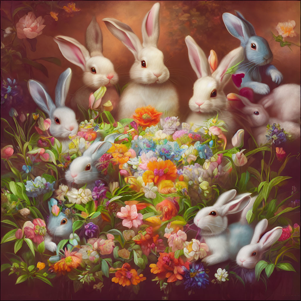 Illustration of multiple rabbits in various poses amid colorful flowers on a warm, moody backdrop