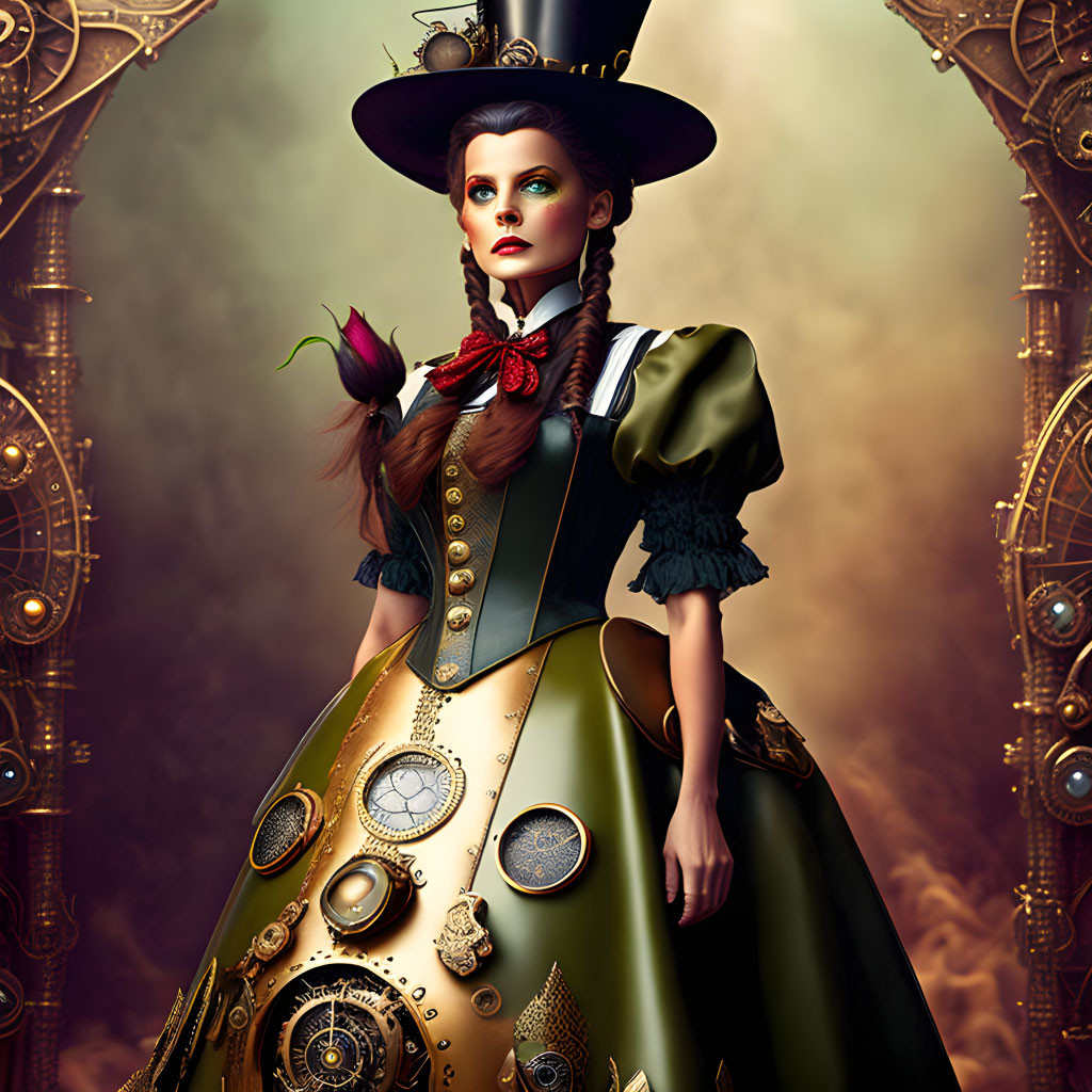 Steampunk-themed woman with top hat and gears in mechanical setting