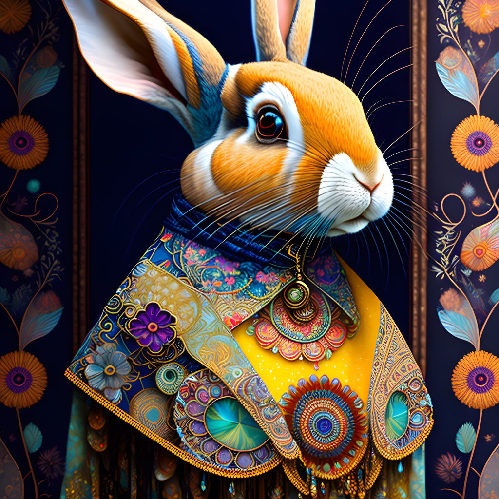 Colorful Rabbit Illustration with Intricate Patterns and Jewelry on Floral Background