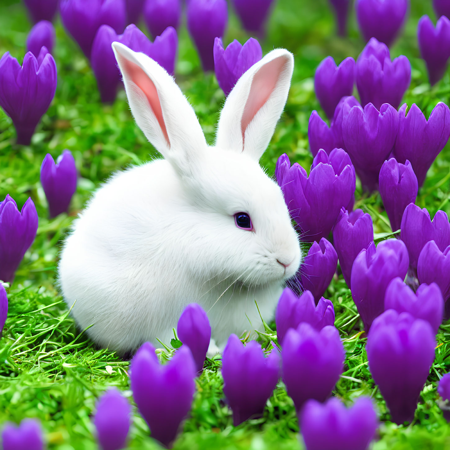 White Rabbit Amid Purple Crocus Flowers on Green Background