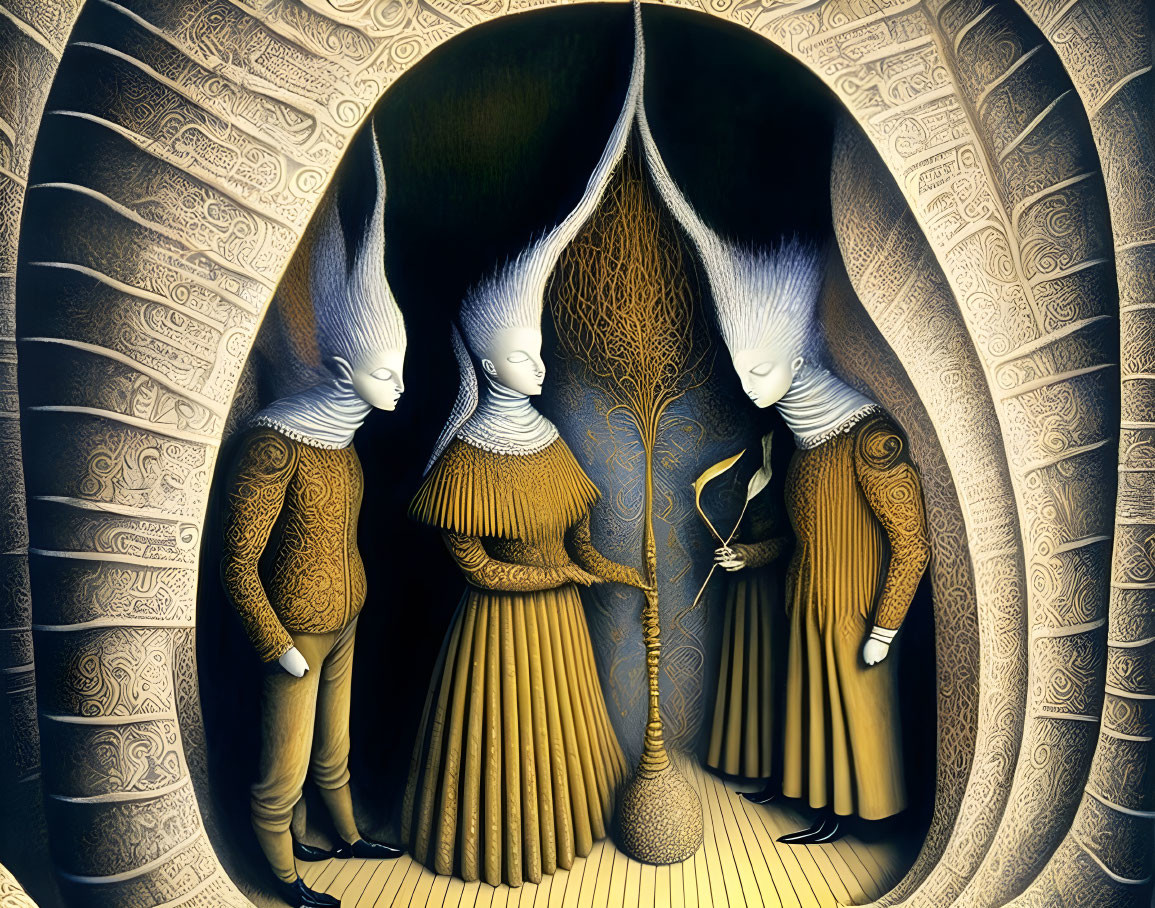 Surreal artwork featuring figures in white faces and yellow robes in intricate tunnel setting