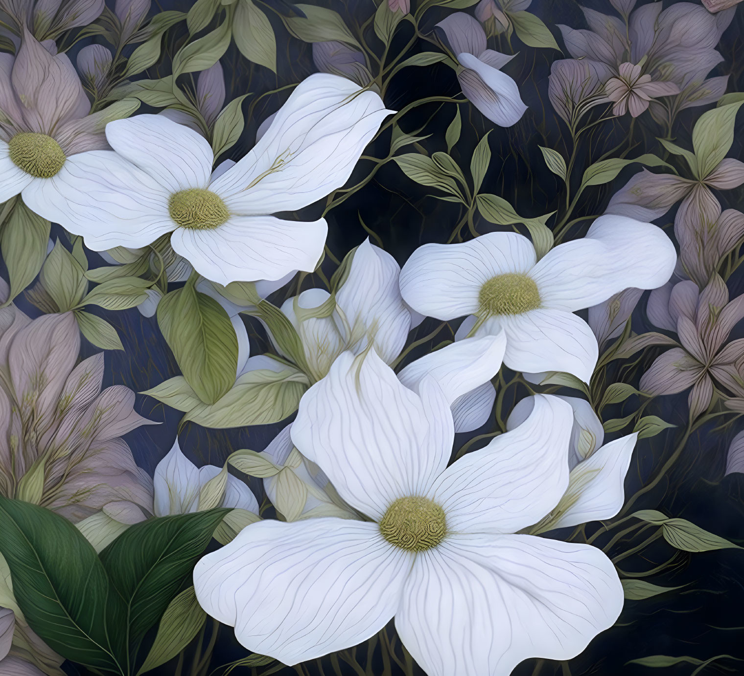 Detailed Floral Pattern with White Flowers and Dark Leaves