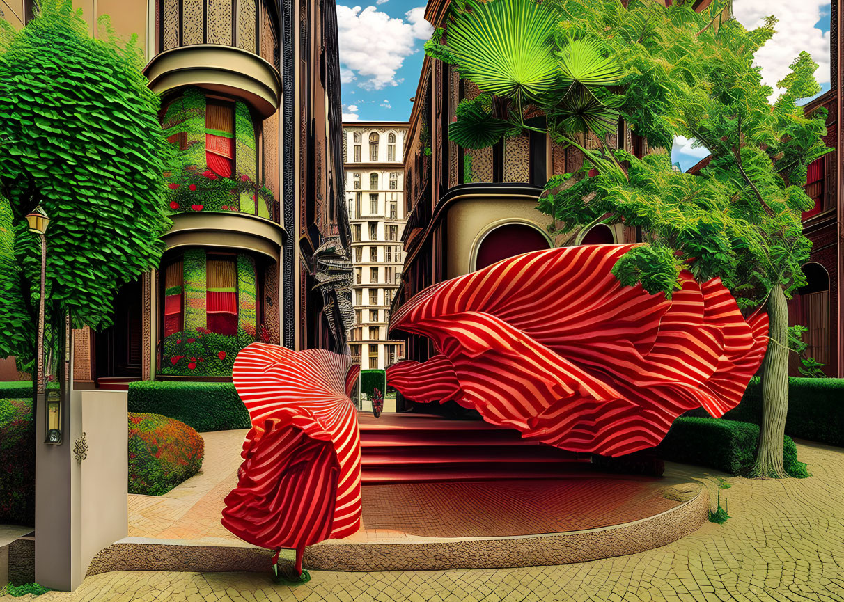 Colorful digital artwork: Urban garden, whimsical trees, peculiar buildings, abstract red shapes.