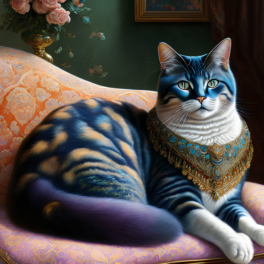 Regal Cat with Blue Eyes and Tiger-Striped Fur on Pink Sofa