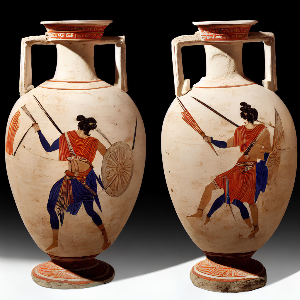 Ancient Greek amphorae: Warrior with shield and spears on dark background