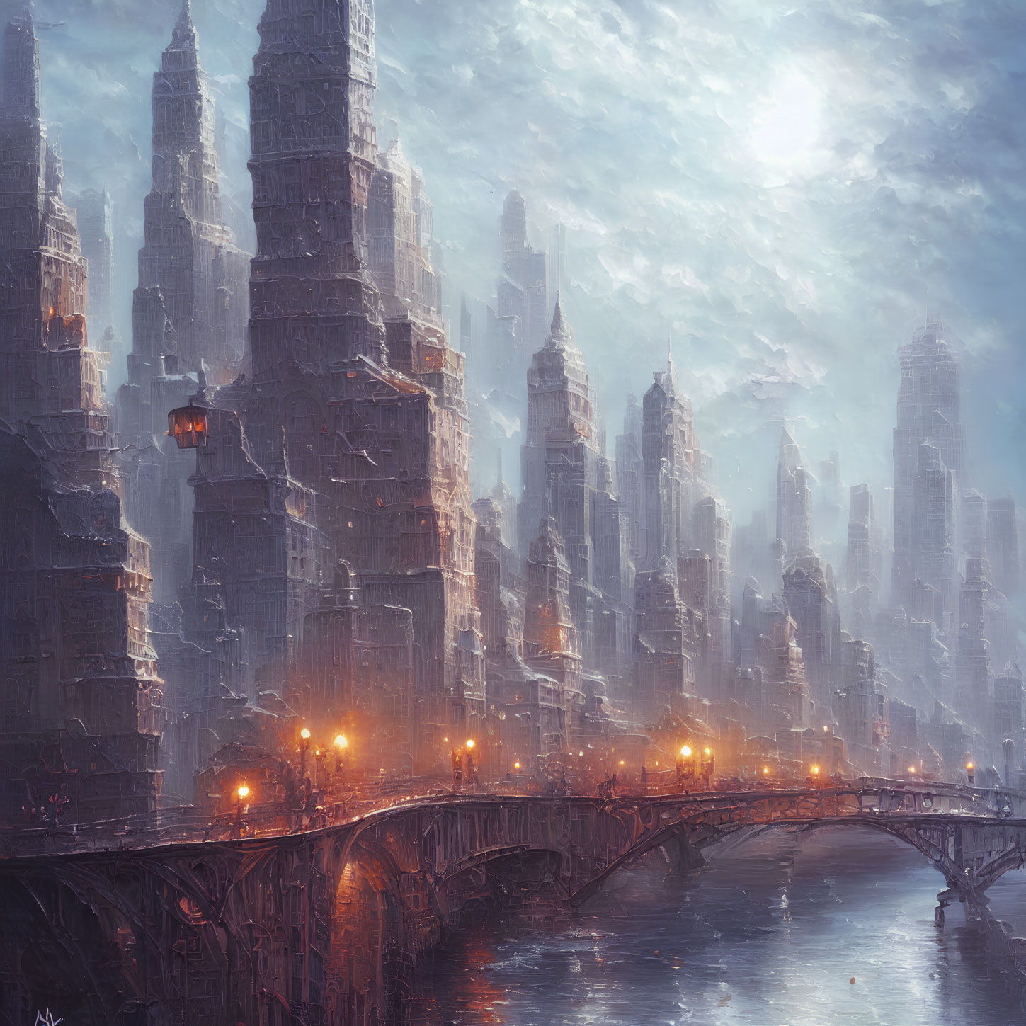 Futuristic cityscape painting with skyscrapers, bridge, and dramatic sky.