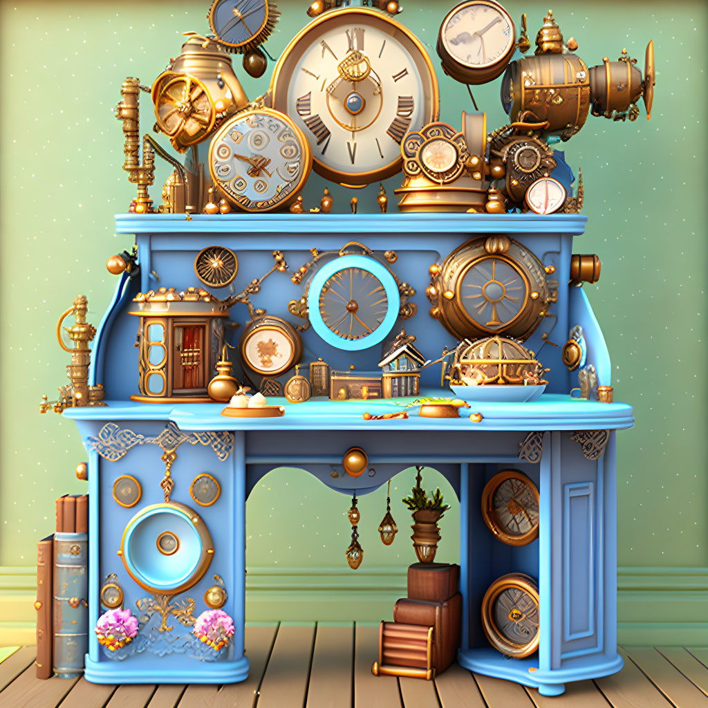 Whimsical steampunk-themed vintage desk illustration with clocks, gears, and books