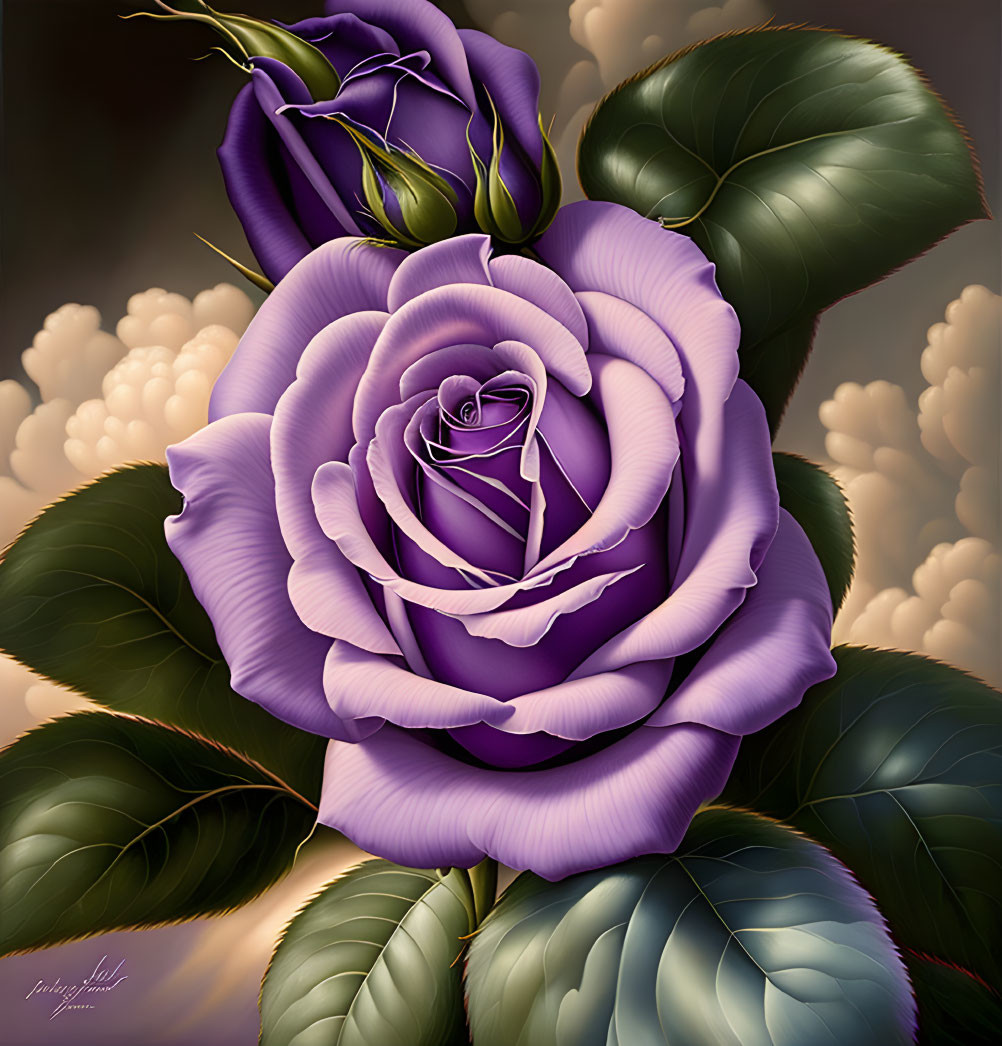 Detailed Purple Rose Illustration with Green Leaves on Soft Clouds