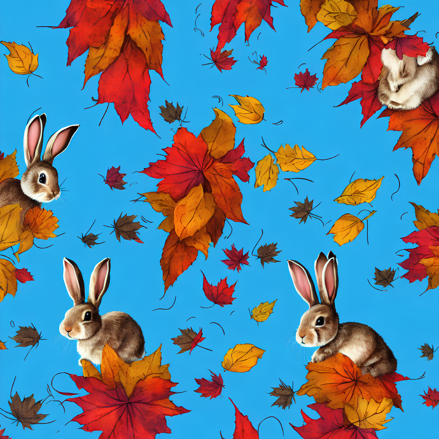 Colorful Rabbit and Autumn Leaves Pattern on Blue Background