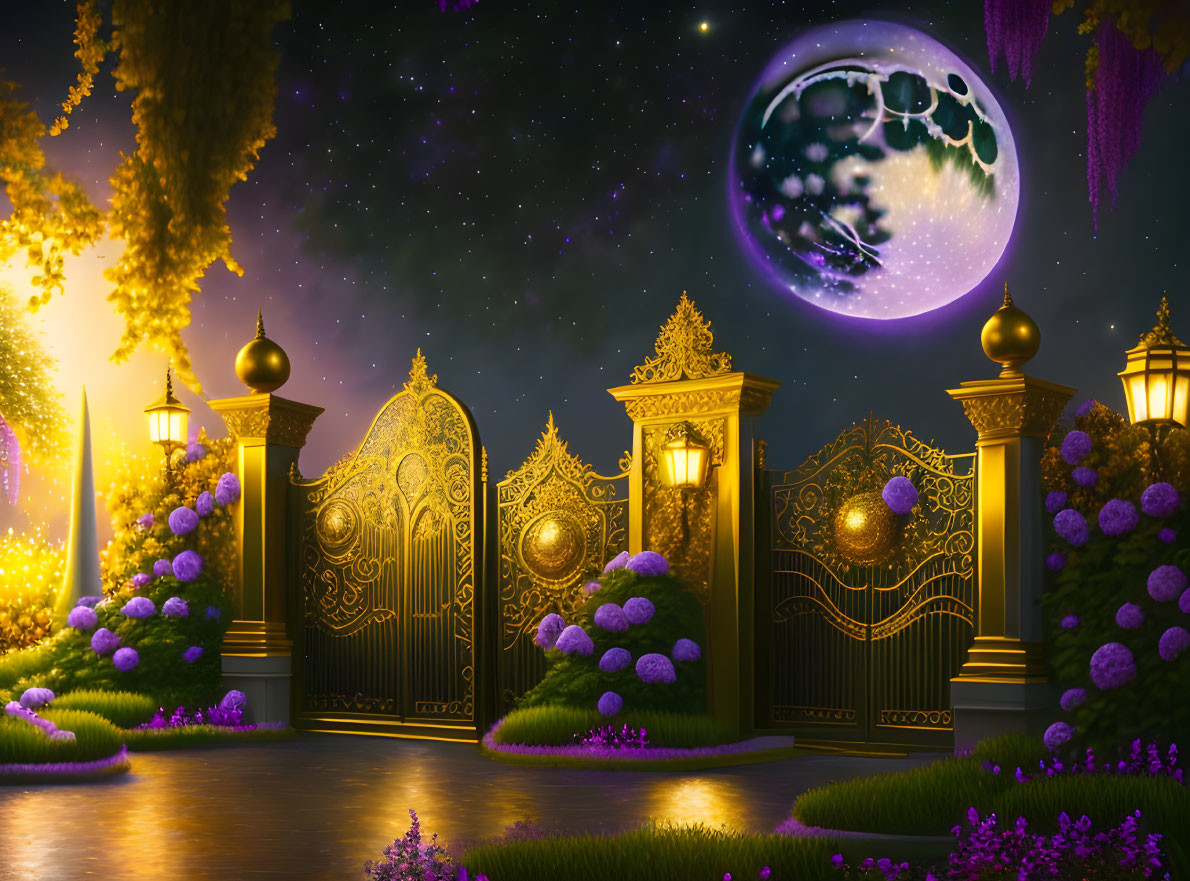 Golden gate opens to magical night scene with lanterns, purple flora, starry sky, large moon