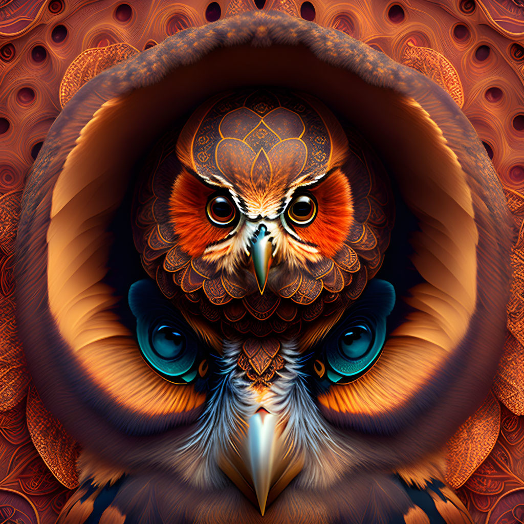 Symmetrical owl digital artwork with intricate patterns in orange, brown, and blue