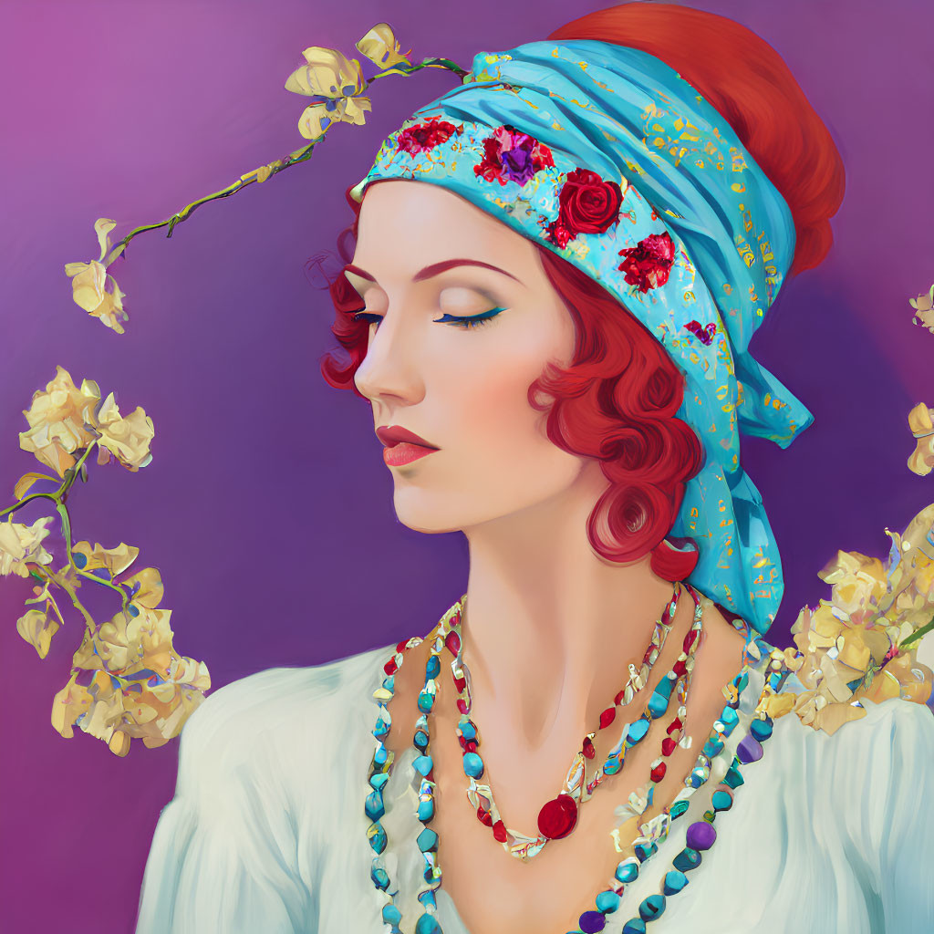 Red-haired woman in blue floral headscarf with vibrant necklaces, yellow flowers, purple backdrop