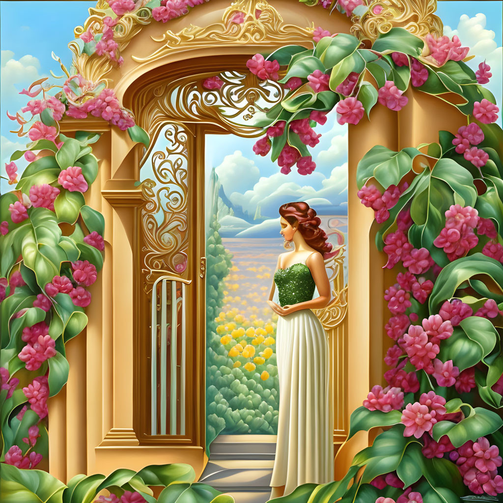 Woman in Green and White Dress by Ornate Golden Door with Pink Flowers