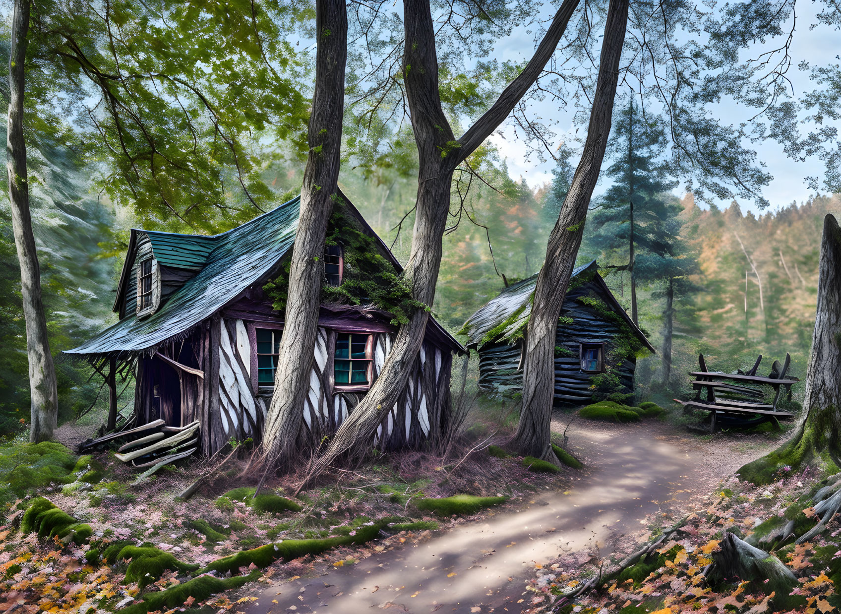 Serene forest scene with two wooden cabins and dirt path