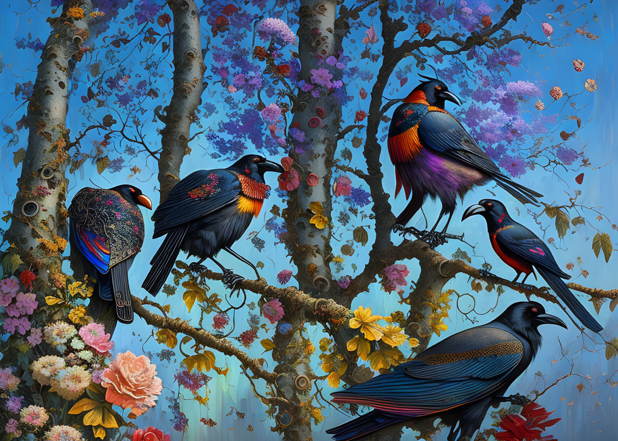 Vibrant birds on blooming tree branches under blue sky