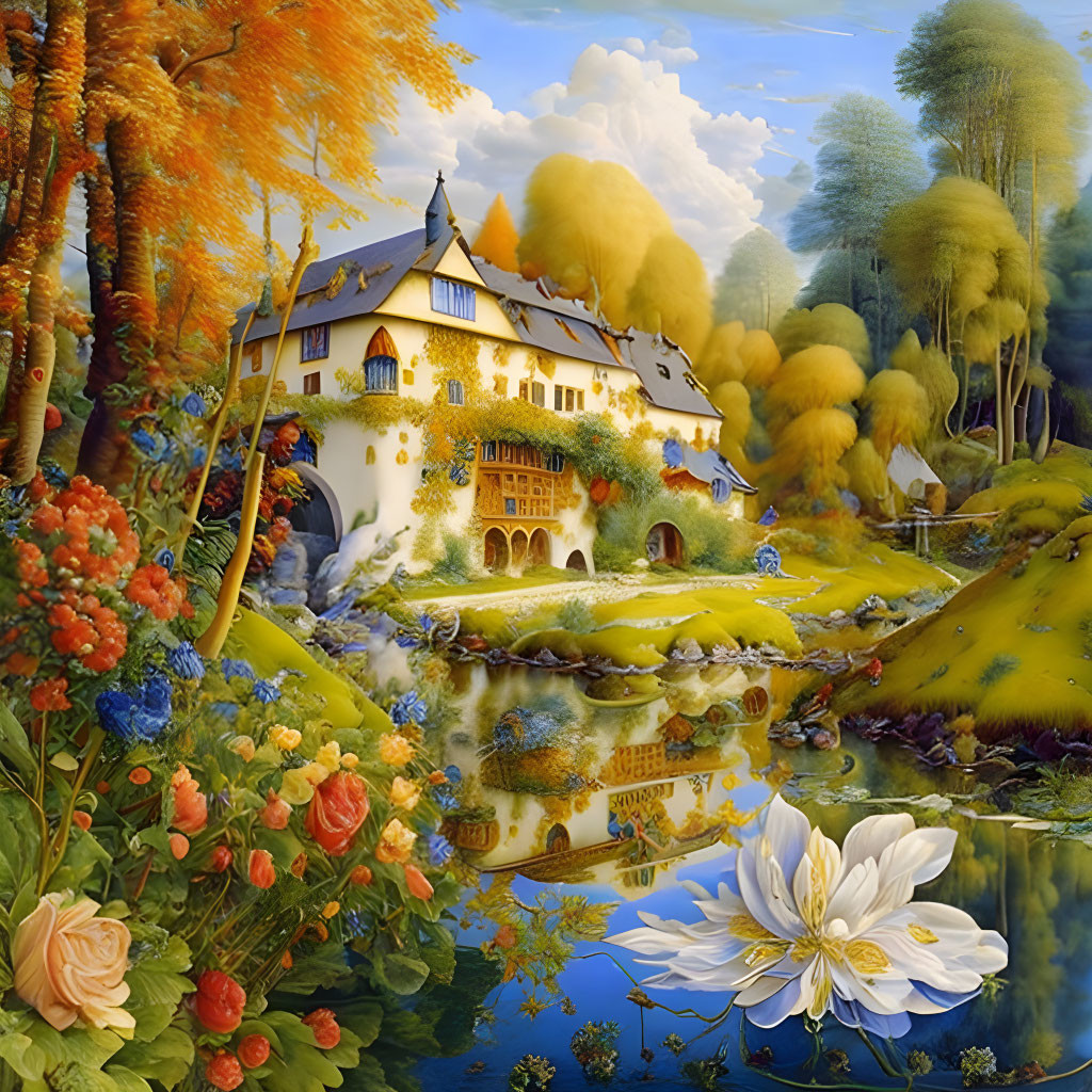 Colorful Landscape with Traditional House and Reflective Pond