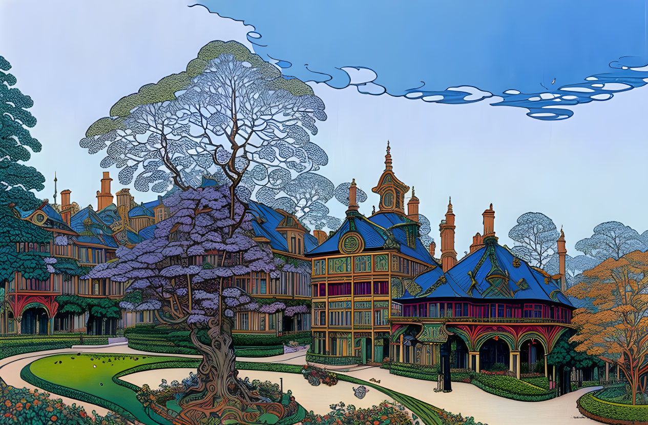 Colorful Stylized Illustration of Victorian Mansion and Gardens