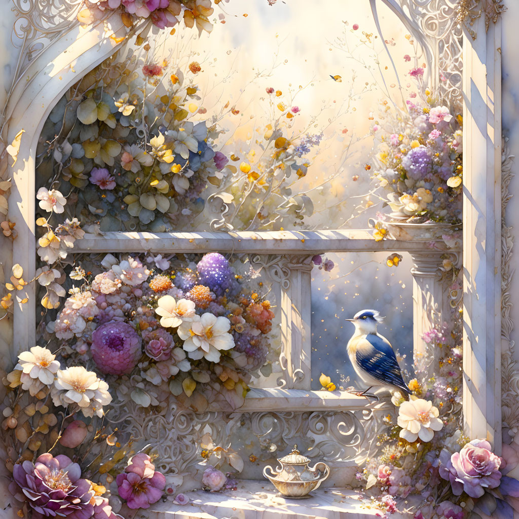 Ornate window with flowers, blue bird, and golden cup in serene setting