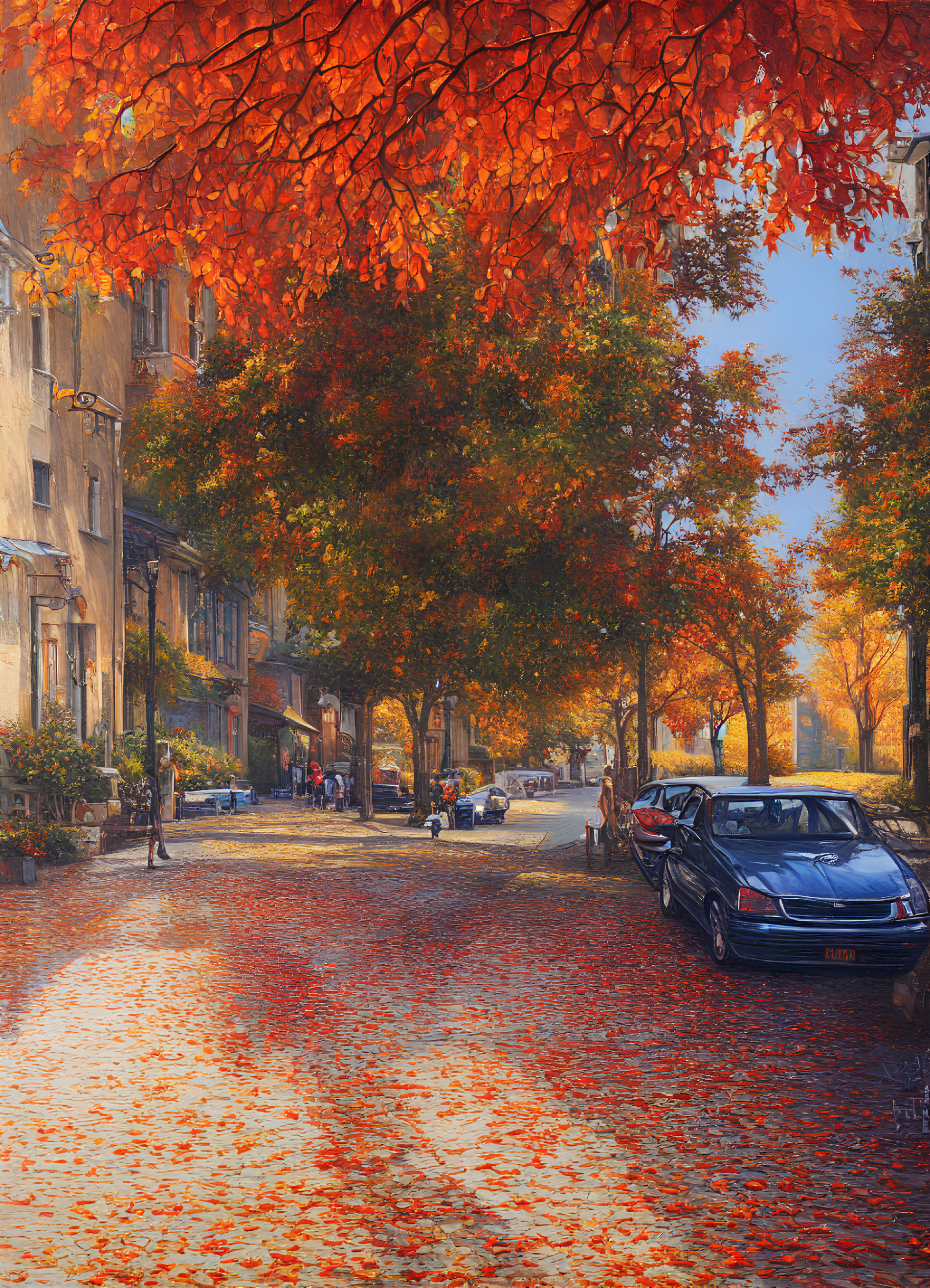 Vibrant autumn street scene with colorful trees and buildings