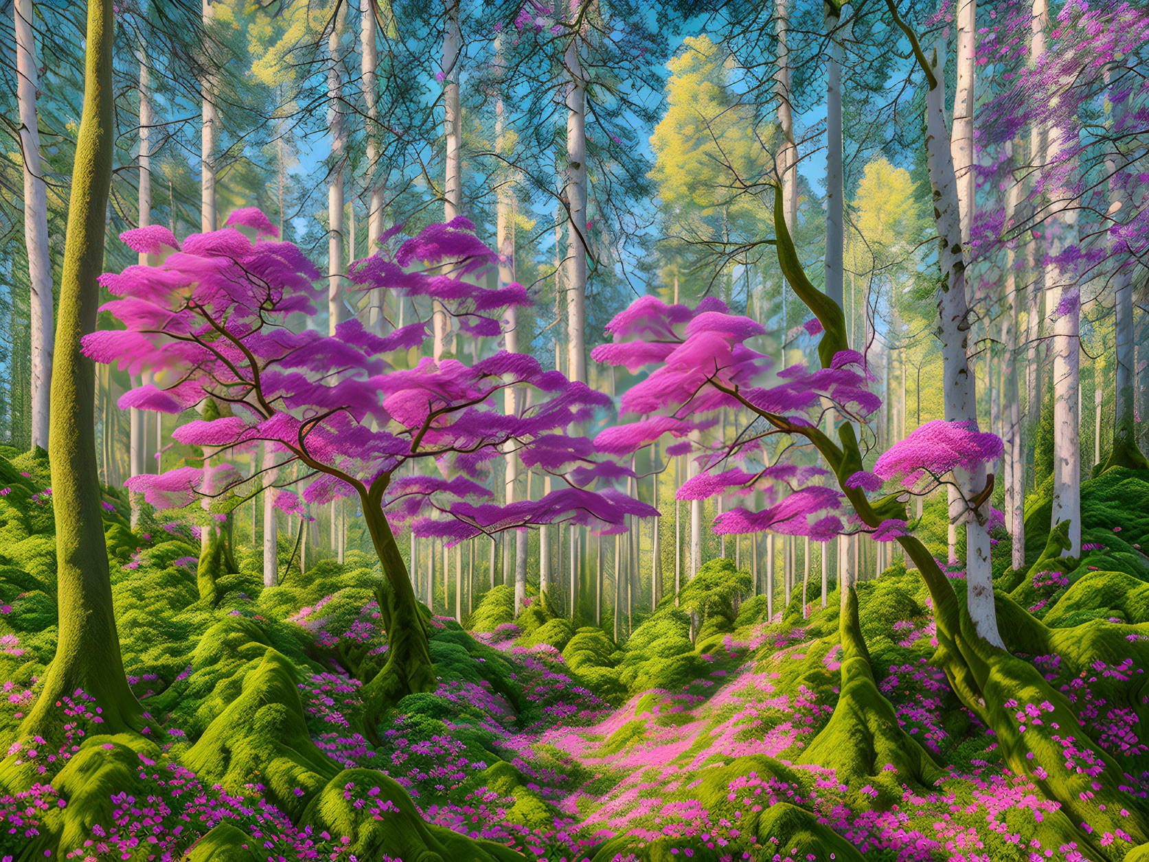 Lush forest scene with pink-canopied trees and moss-covered ground