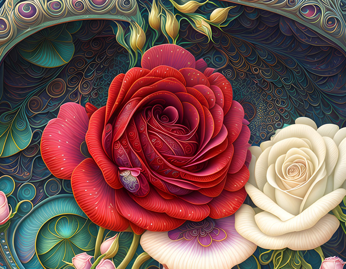 Detailed digital art: Vibrant red rose in full bloom next to cream rose on ornate background