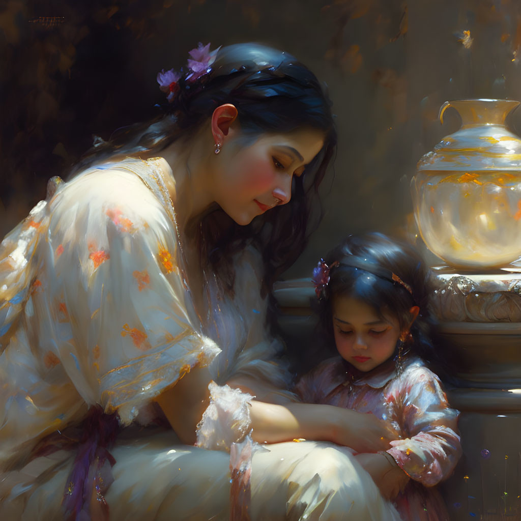 Ethereal painting: Woman and child with flowers, glowing object in warm ambiance