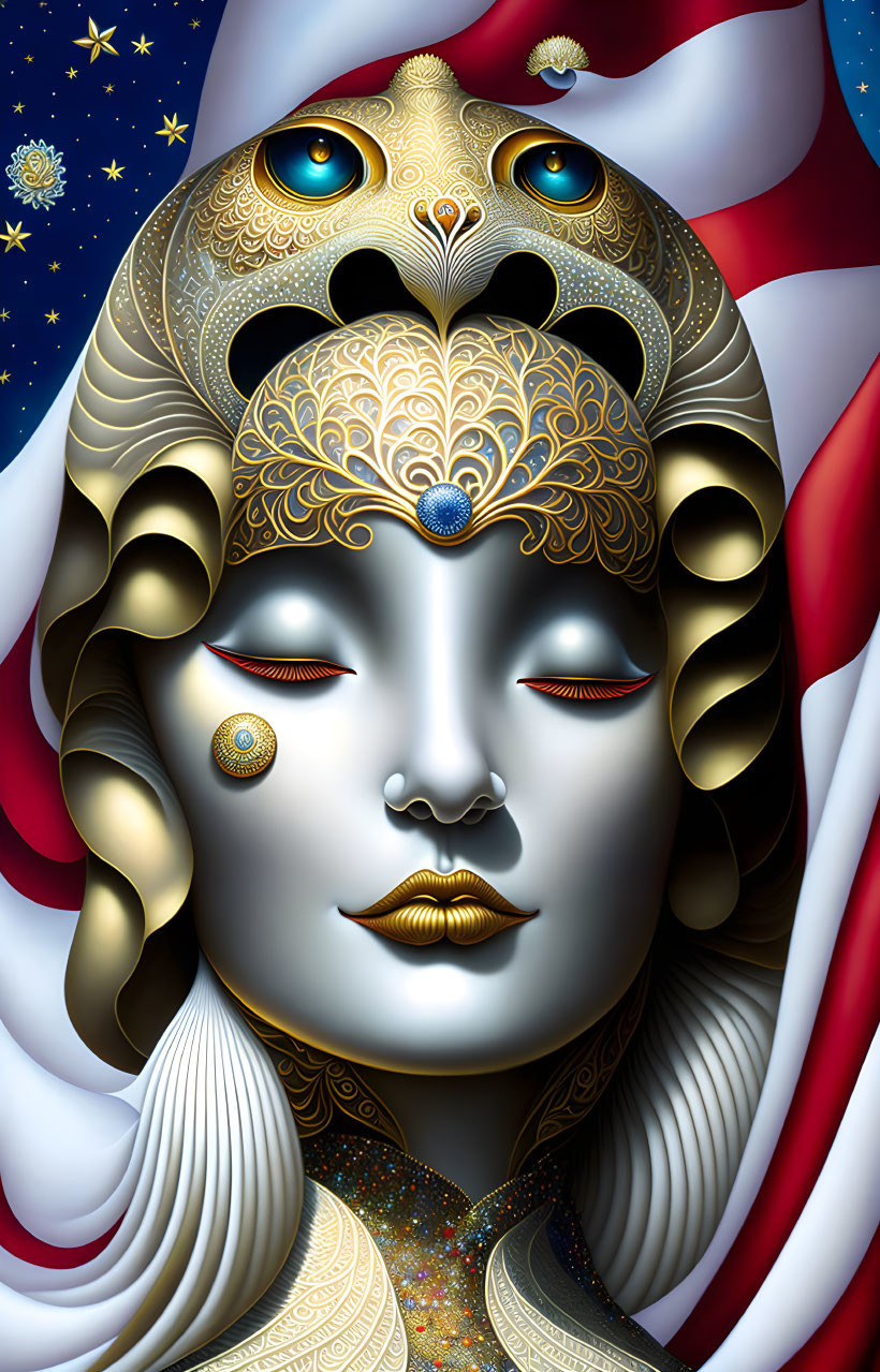 Serene metallic-faced figure with gold and blue headpiece in starry backdrop