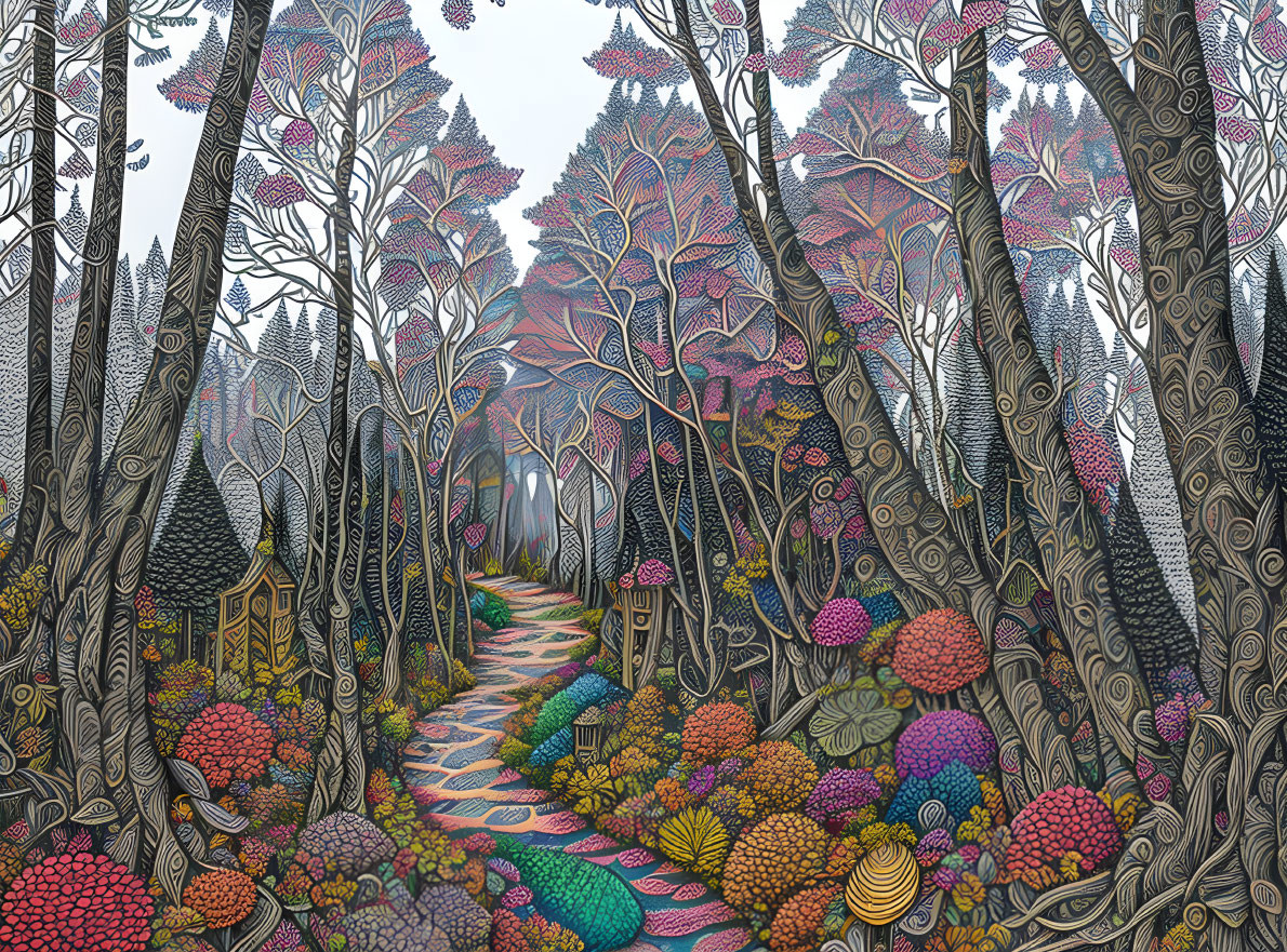 Detailed Forest Drawing with Colorful Whimsical Elements