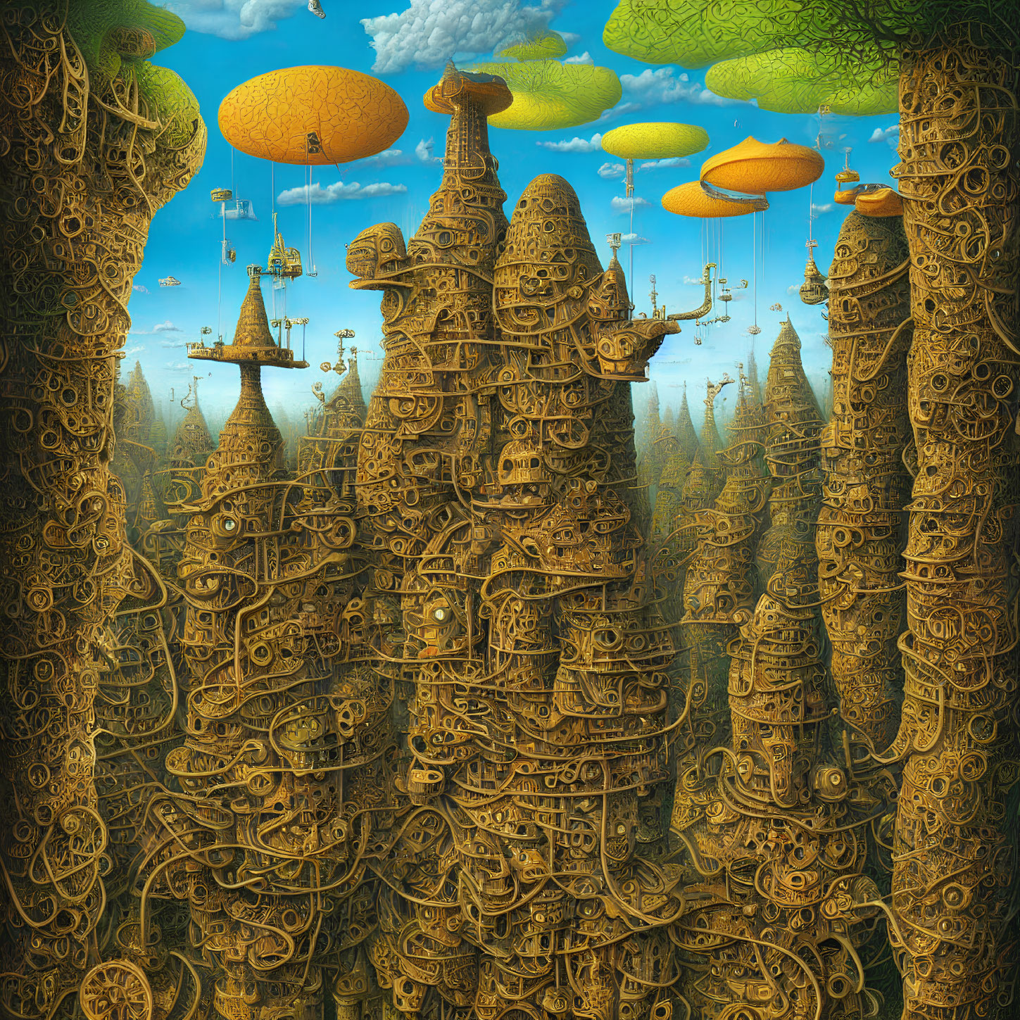 Fantastical steampunk-style landscape with towering structures and floating islands