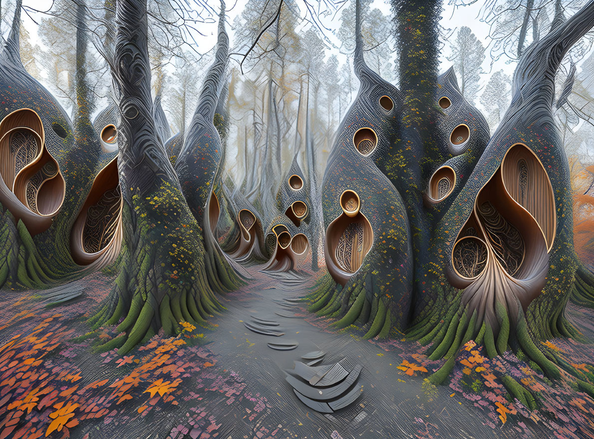 Whimsical surreal forest with trumpet-shaped trees and foggy ambiance