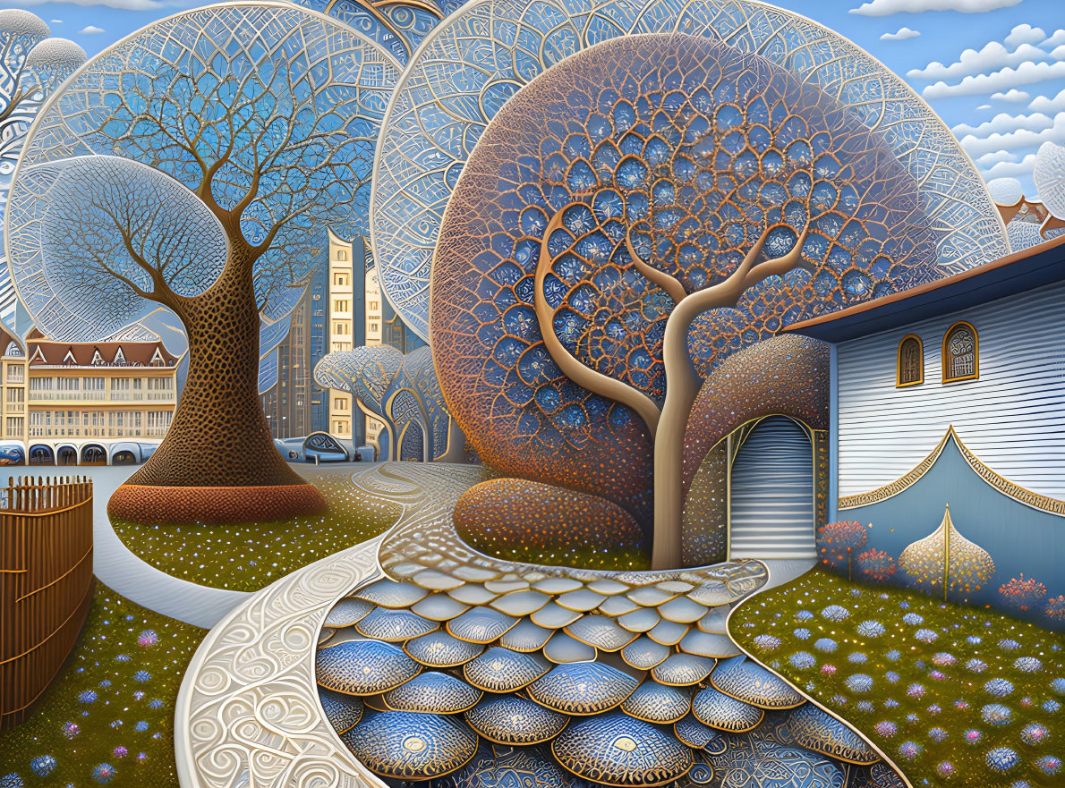 Detailed illustration of stylized trees and village in vibrant colors