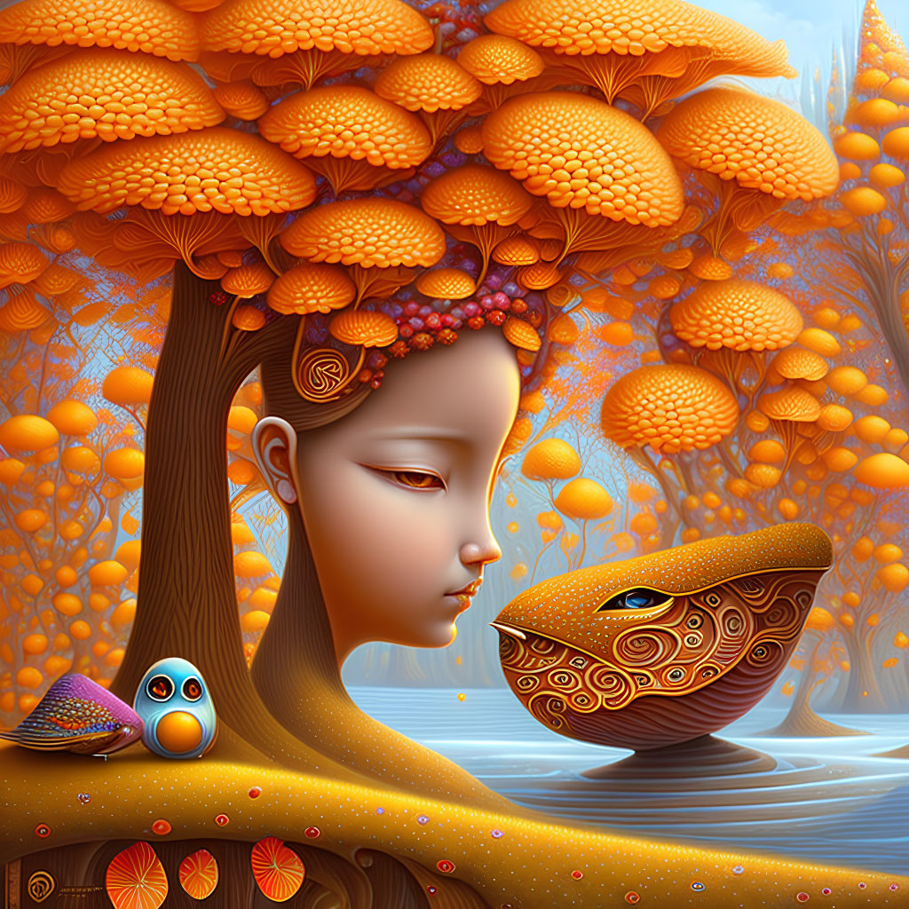 Surreal illustration of woman with tree-like hair, bird, creature, and mystical boat