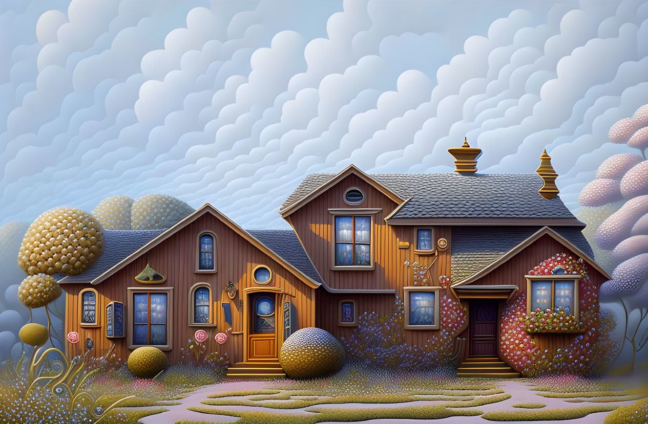 Whimsical illustration of cozy wooden house and round trees