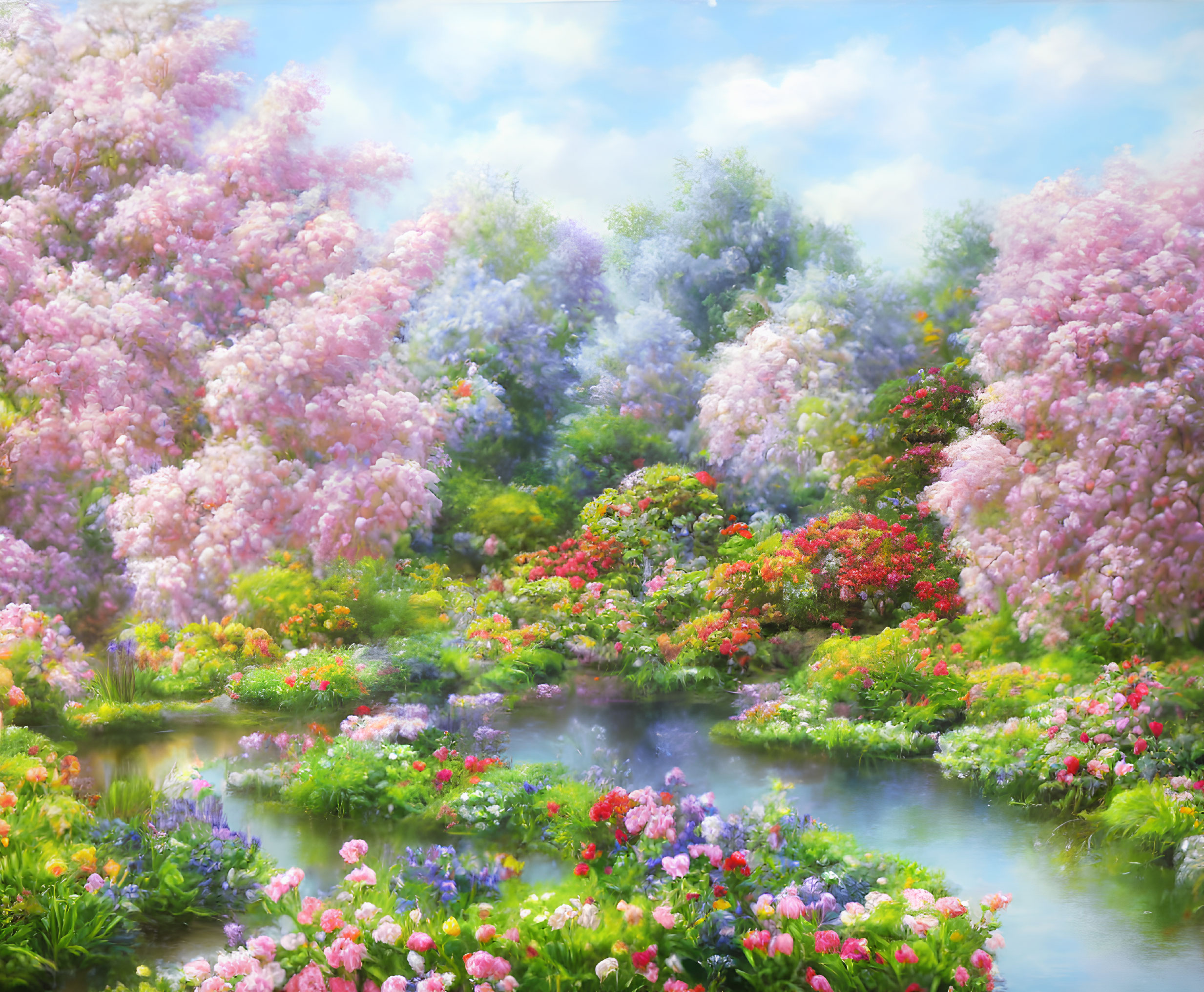 Lush Garden with Colorful Flowers and Serene Pond