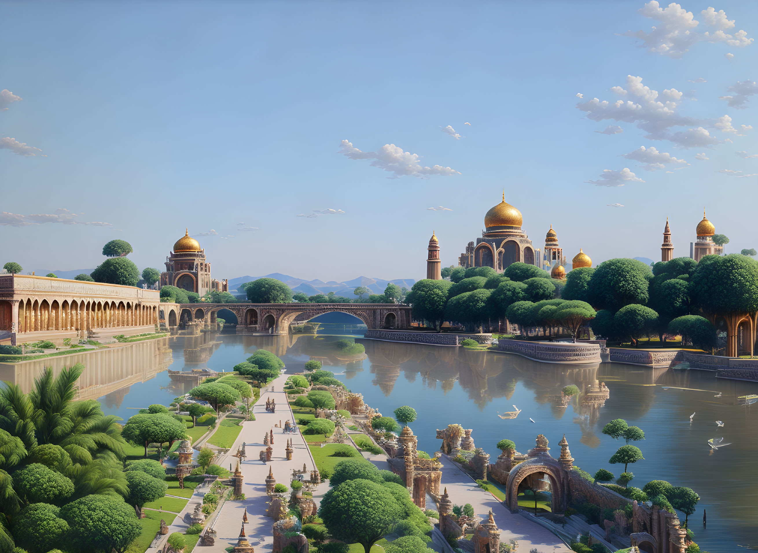 Serene river, ornate bridges, lush gardens, golden domes under blue sky