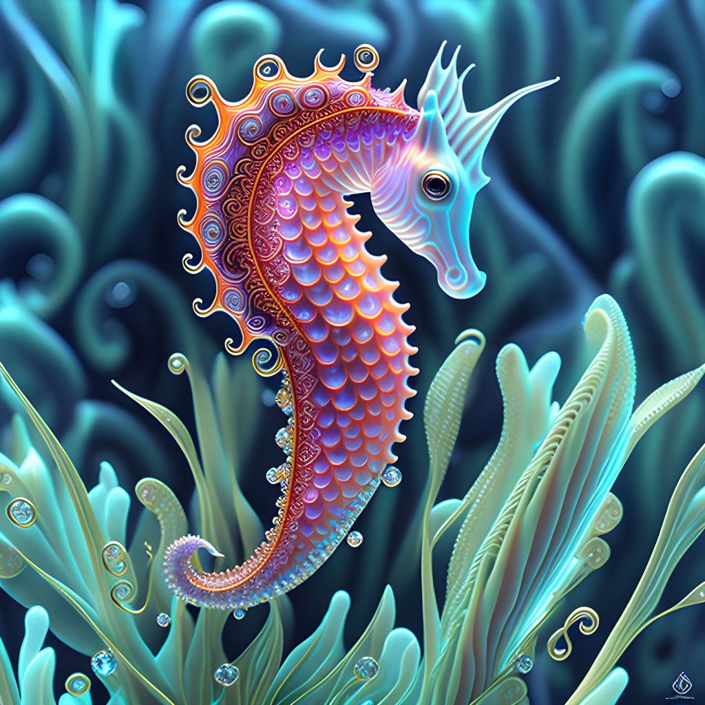 Detailed seahorse illustration with intricate patterns and lush underwater scenery