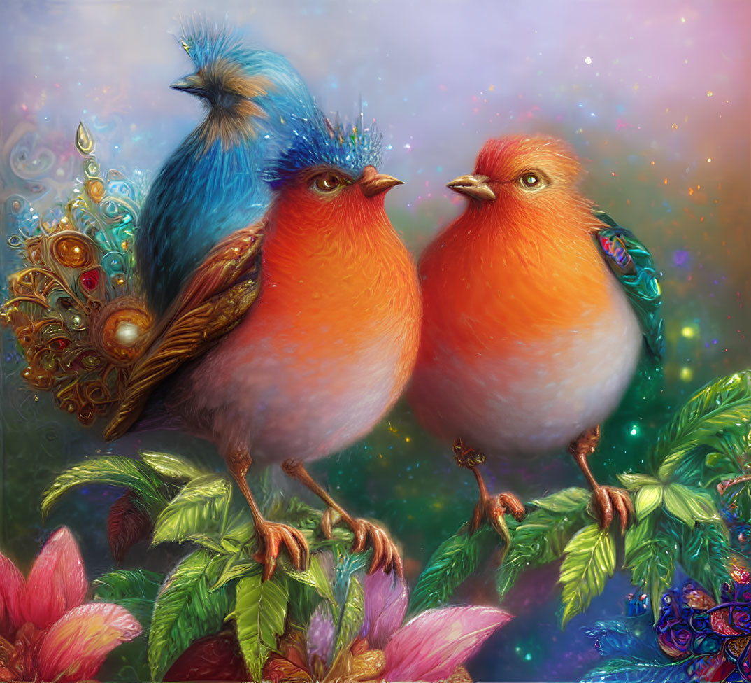 Colorful Birds Perched in Lush Foliage with Starry Sky