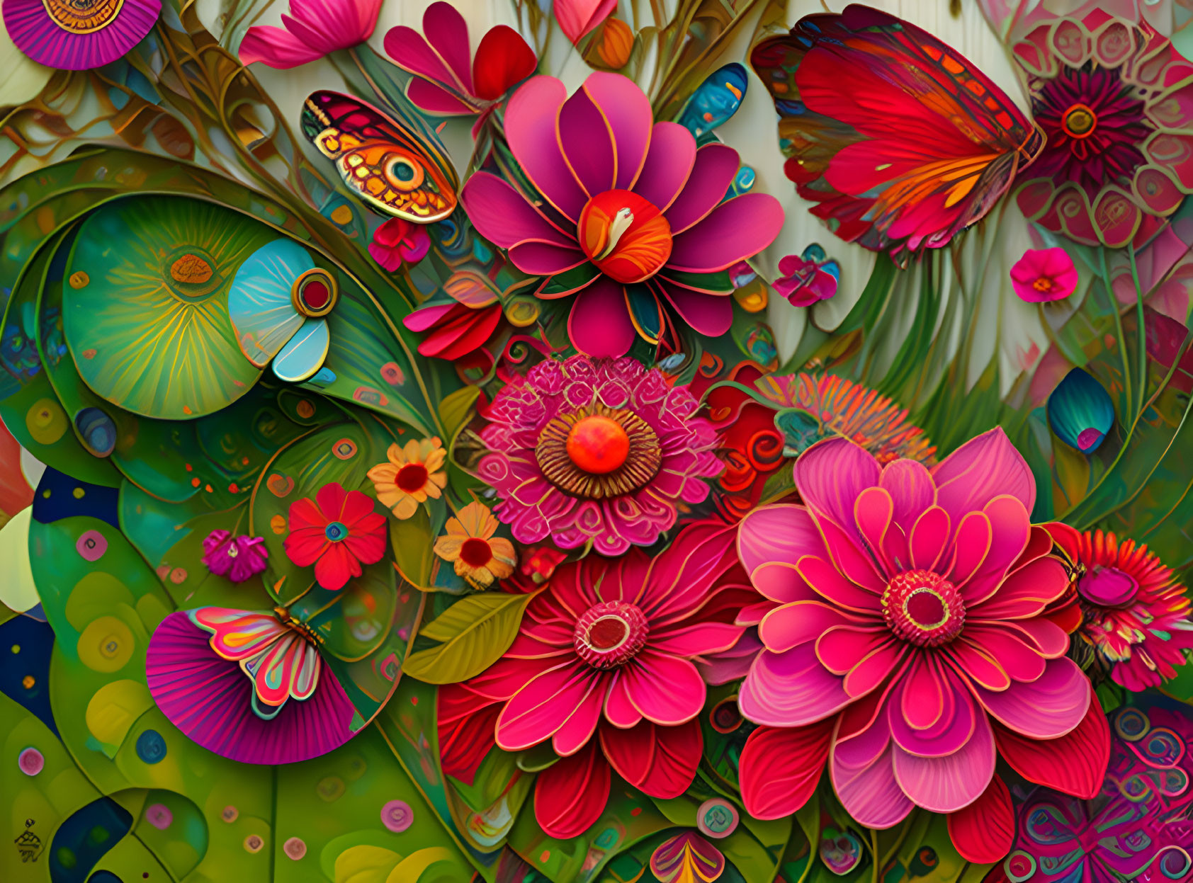 Colorful digital artwork: Stylized flowers, butterfly, intricate patterns