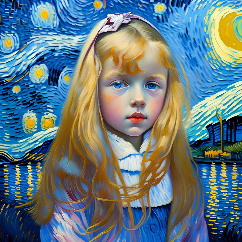 Portrait of young girl with long blonde hair in Van Gogh-inspired starry night